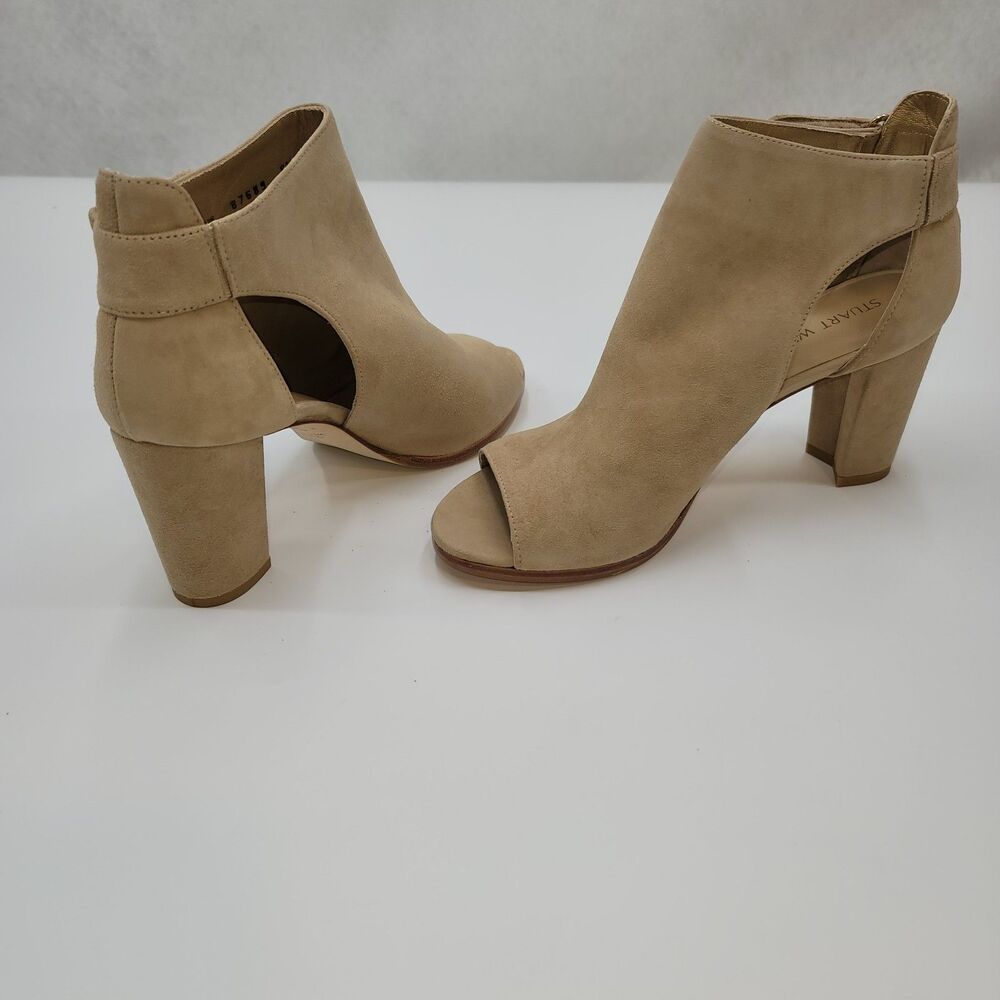 Stuart Weitzman Opendoor Tan Suede Peep Toe Side Cutout Ankle Booties Spain 8.5 - Picture 2 of 9